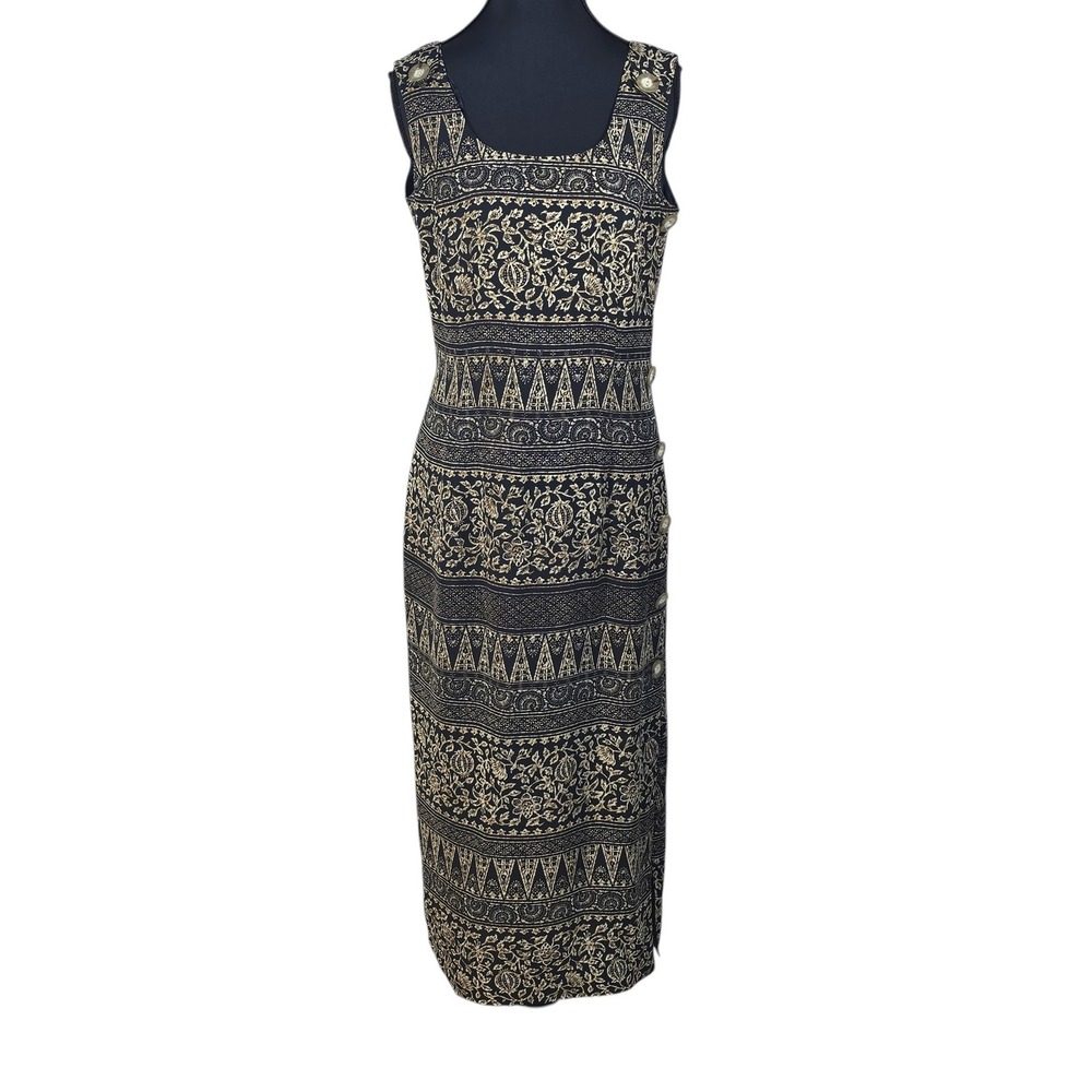 VTG Santa Fe by Jim Tremblay Maxi Dress Black‎ Tan Ethnic Print Side Button Sz 6